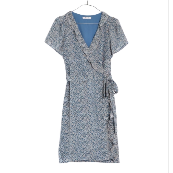 Madewell Dresses & Skirts - Madewell Silk Blue Floral Ruffle-Edge Wrap Dress in Bitsy Floral size XS EUC